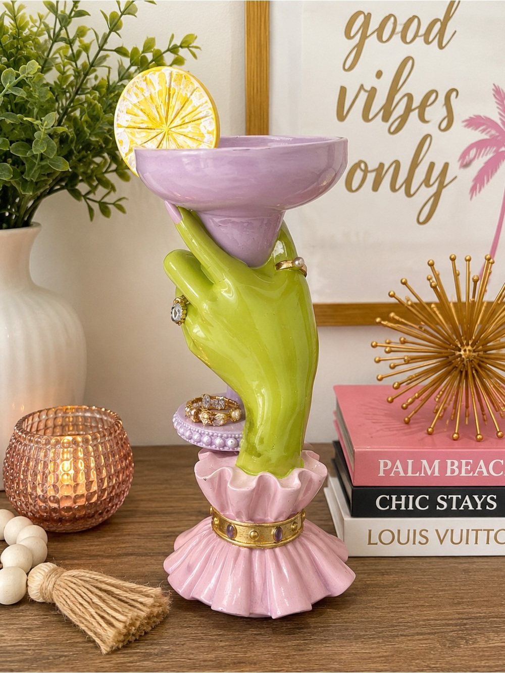 Whimsical Green Witch Hand Margarita Jewelry Holder Trinket Dish Pink Glam Decor